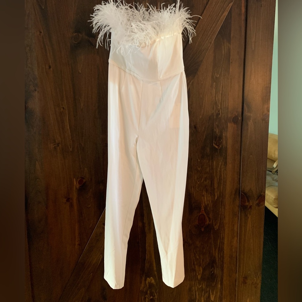 Mac Duggal White Strapless Feather-Trim Jumpsuit - Picture 7 of 9